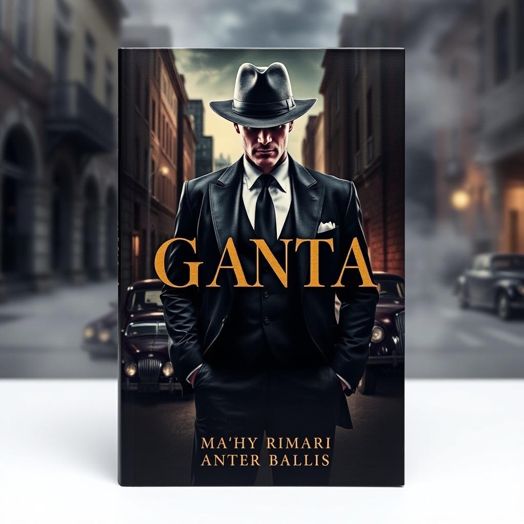 An intense and captivating book cover design featuring a powerful mafia figure, a stylishly dressed man in a tailored black suit with a fedora, standing in a dimly lit alley