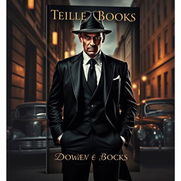 An intense and captivating book cover design featuring a powerful mafia figure, a stylishly dressed man in a tailored black suit with a fedora, standing in a dimly lit alley
