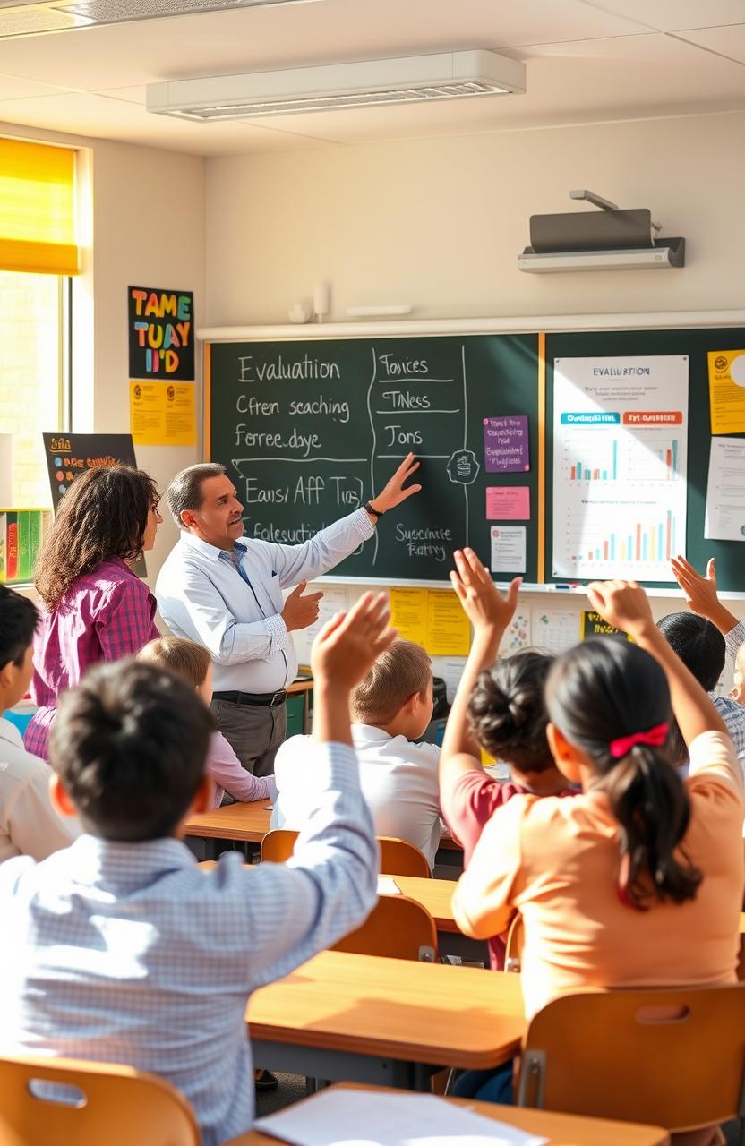 A vibrant classroom scene showcasing a teacher engaging with students in a lively discussion about evaluation in education