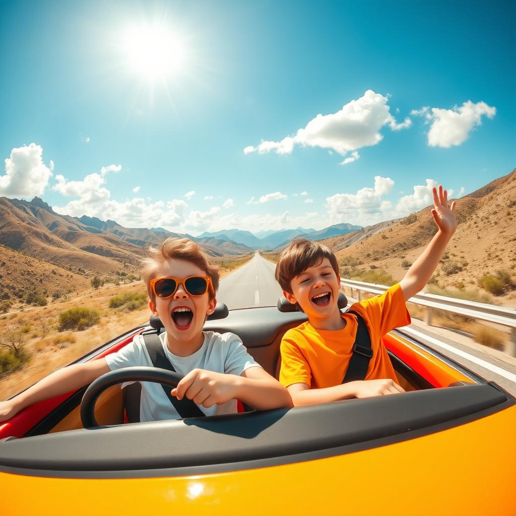 Two boys enjoying a fun road trip in a vibrant car, driving along a picturesque highway that winds through scenic landscapes filled with mountains and greenery