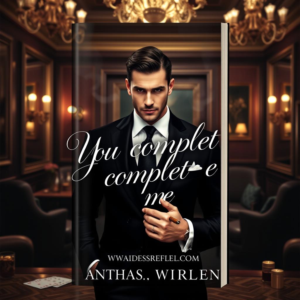 An intriguing book cover design featuring a strikingly handsome mafia man with a strong jawline, dressed in a tailored black suit and holding a cigar, standing confidently in an elegant, dimly lit room filled with luxurious decor