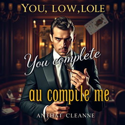 An intriguing book cover design featuring a strikingly handsome mafia man with a strong jawline, dressed in a tailored black suit and holding a cigar, standing confidently in an elegant, dimly lit room filled with luxurious decor