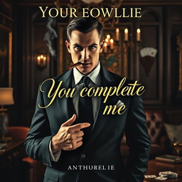 An intriguing book cover design featuring a strikingly handsome mafia man with a strong jawline, dressed in a tailored black suit and holding a cigar, standing confidently in an elegant, dimly lit room filled with luxurious decor