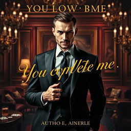 An intriguing book cover design featuring a strikingly handsome mafia man with a strong jawline, dressed in a tailored black suit and holding a cigar, standing confidently in an elegant, dimly lit room filled with luxurious decor