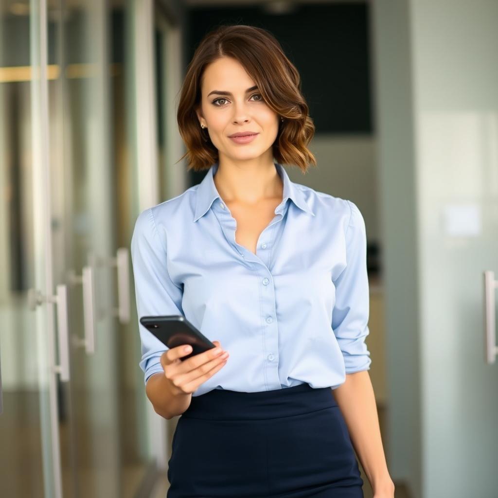 A stylish woman aged 28 wearing a light blue blouse tucked into a navy pencil skirt, her wavy short brown hair loosely tied back