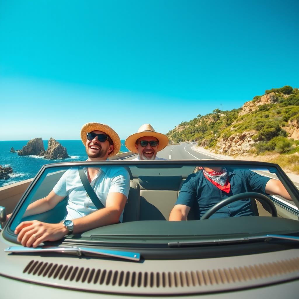 Two adult men enjoying a lively road trip in a stylish convertible car, driving along a scenic coastal highway