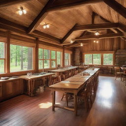 A rustic retreat camp administration building that comfortably encapsulates 2 office spaces, 3 comfortable bedrooms, a well-equipped kitchen. Attached is a grand dining area designed for 80 persons, and a cozy gathering area with a captivating fireplace.