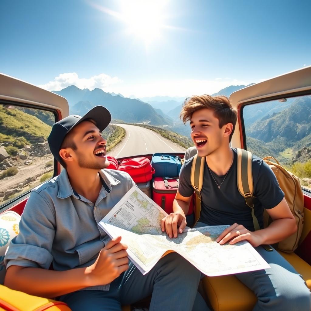 Two male students embarking on an exciting road trip in a retro van, filled with colorful luggage and cheerful decorations