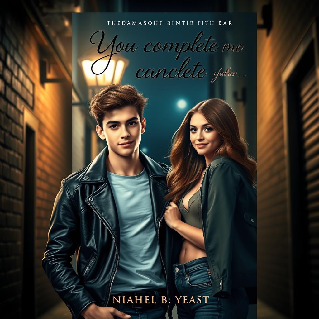 A visually striking book cover design depicting a handsome 17-year-old male mafia character, styled with a modern yet edgy look, standing under the soft glow of a streetlamp at night