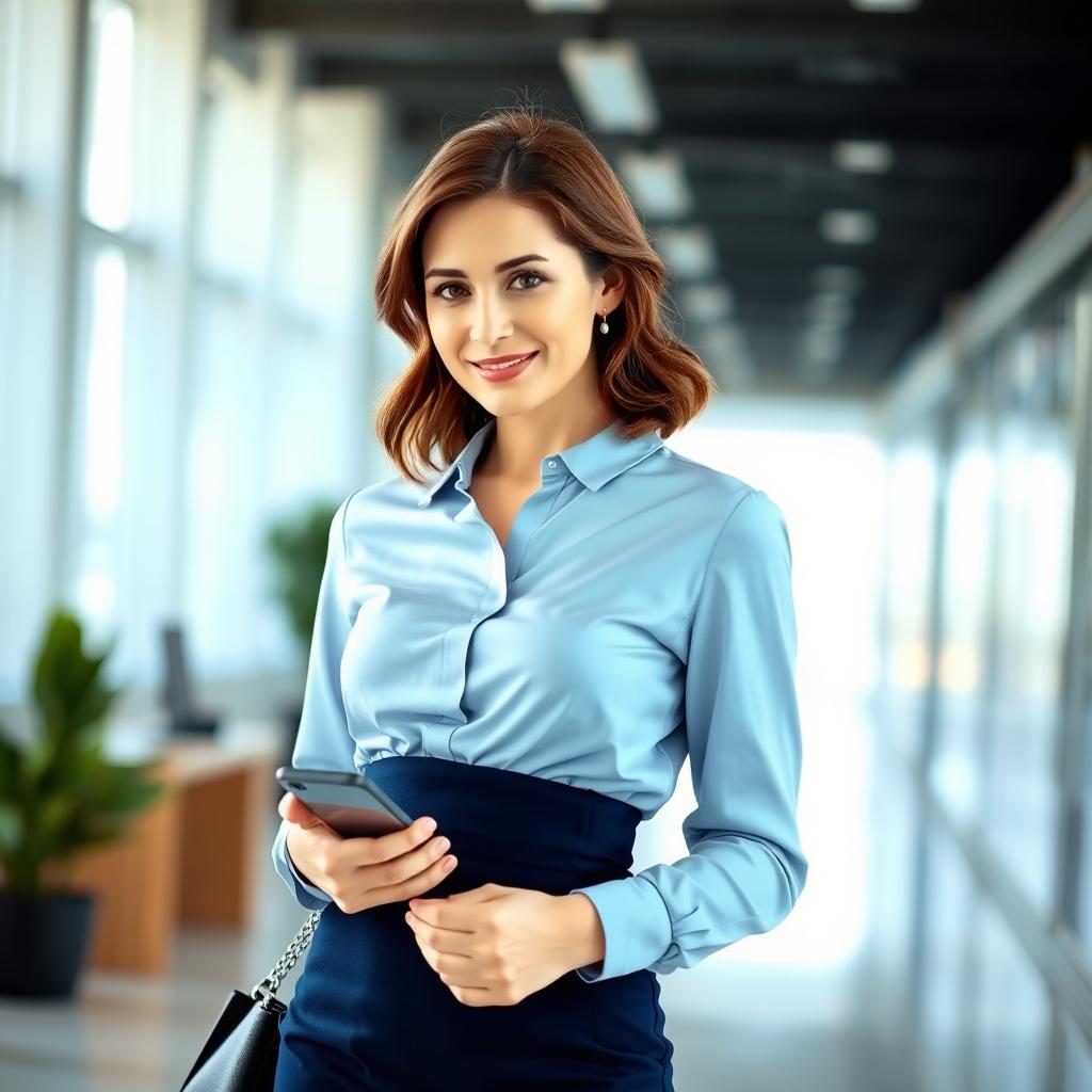 A fashionable woman aged 28 wearing a light blue blouse tucked into a sleek navy pencil skirt