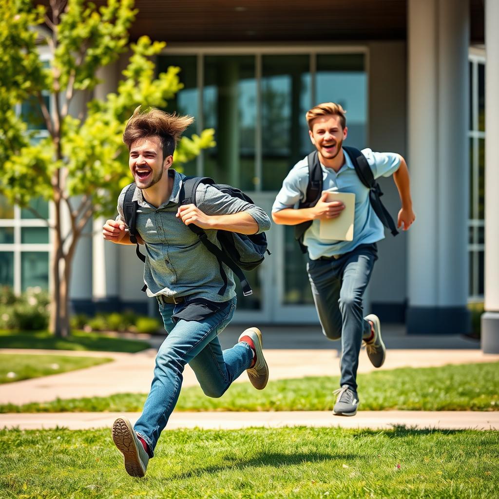 Two male students in casual clothing, sprinting away with excited expressions on their faces as they flee a campus building