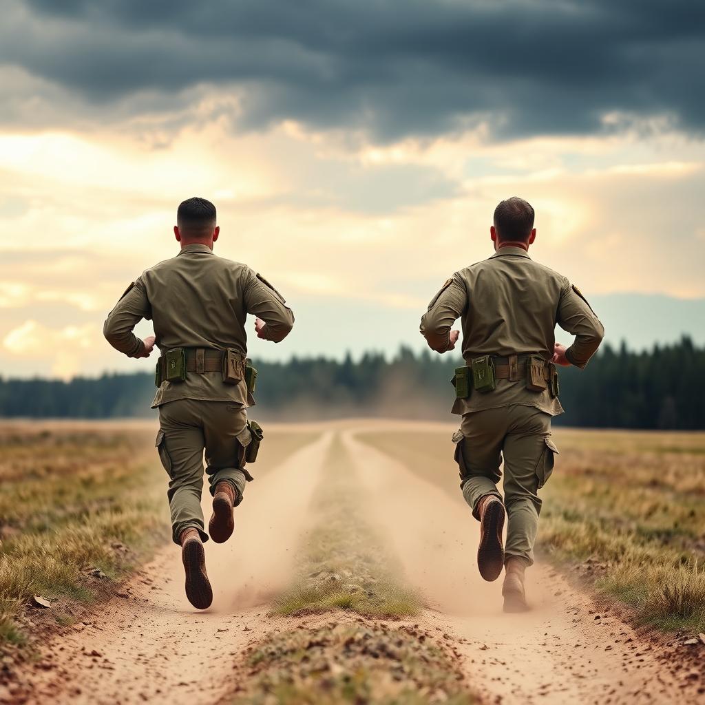 Two men in military uniforms, viewed from the back, running away in a hurry across an open field