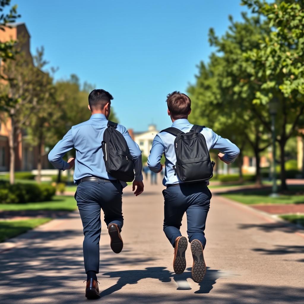 Two male students in uniform, viewed from the back, running away in a hurry down a university pathway