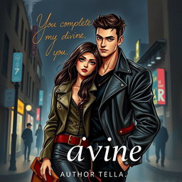 A captivating book cover design featuring a painted illustration of a handsome 17-year-old male mafia character, with an alluring expression and stylish outfit, including a fitted leather jacket