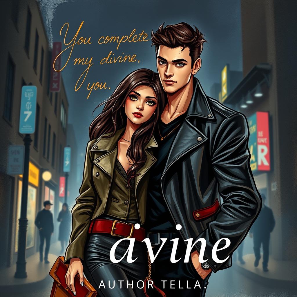 A captivating book cover design featuring a painted illustration of a handsome 17-year-old male mafia character, with an alluring expression and stylish outfit, including a fitted leather jacket