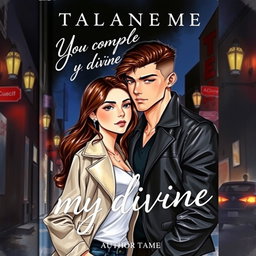 A captivating book cover design featuring a painted illustration of a handsome 17-year-old male mafia character, with an alluring expression and stylish outfit, including a fitted leather jacket