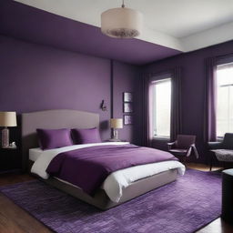 Redesign the above-mentioned 19 x 12 ft bedroom with a tonal change to deep purple. Ensure all elements such as beddings, walls, and furniture sync well with this impactful, rich color.