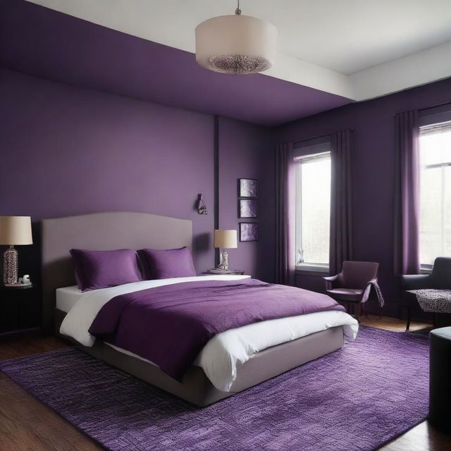 Redesign the above-mentioned 19 x 12 ft bedroom with a tonal change to deep purple. Ensure all elements such as beddings, walls, and furniture sync well with this impactful, rich color.