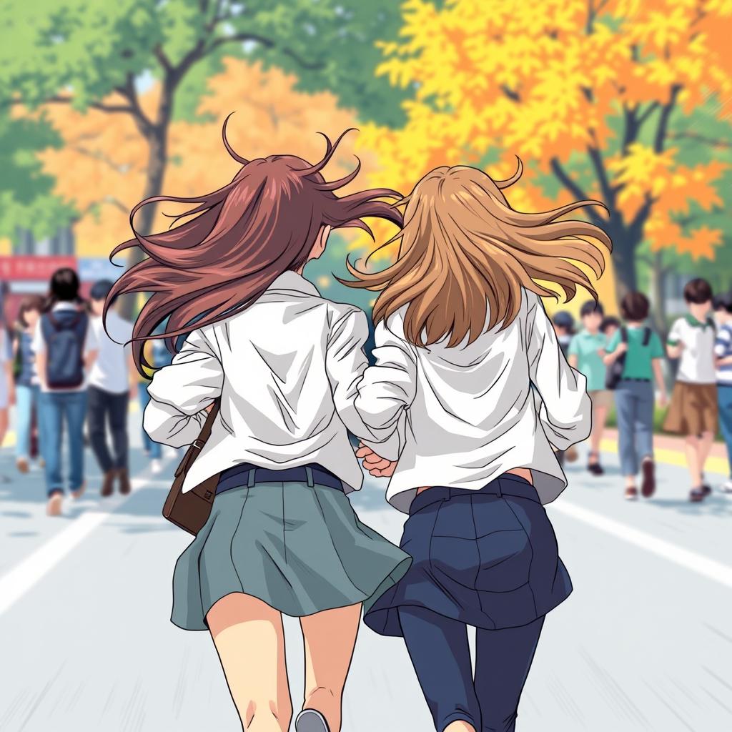 Two students, depicted from behind, running away in a vibrant manhwa style