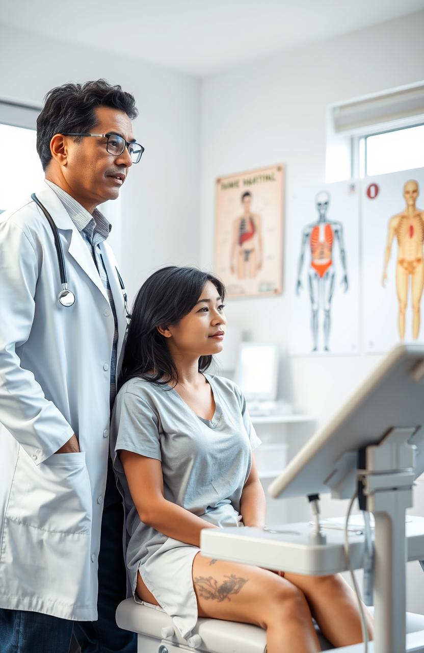 A scene depicting an attentive doctor in a white coat speaking with a patient in a brightly lit, modern examination room