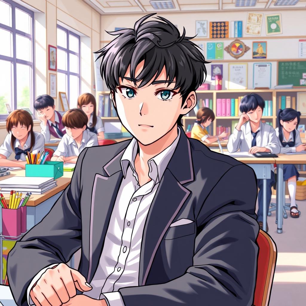A male manhwa student, dressed in a stylish school uniform with a crisp white shirt and a blazer, is sitting at a desk in a vibrant classroom filled with colorful art supplies and books