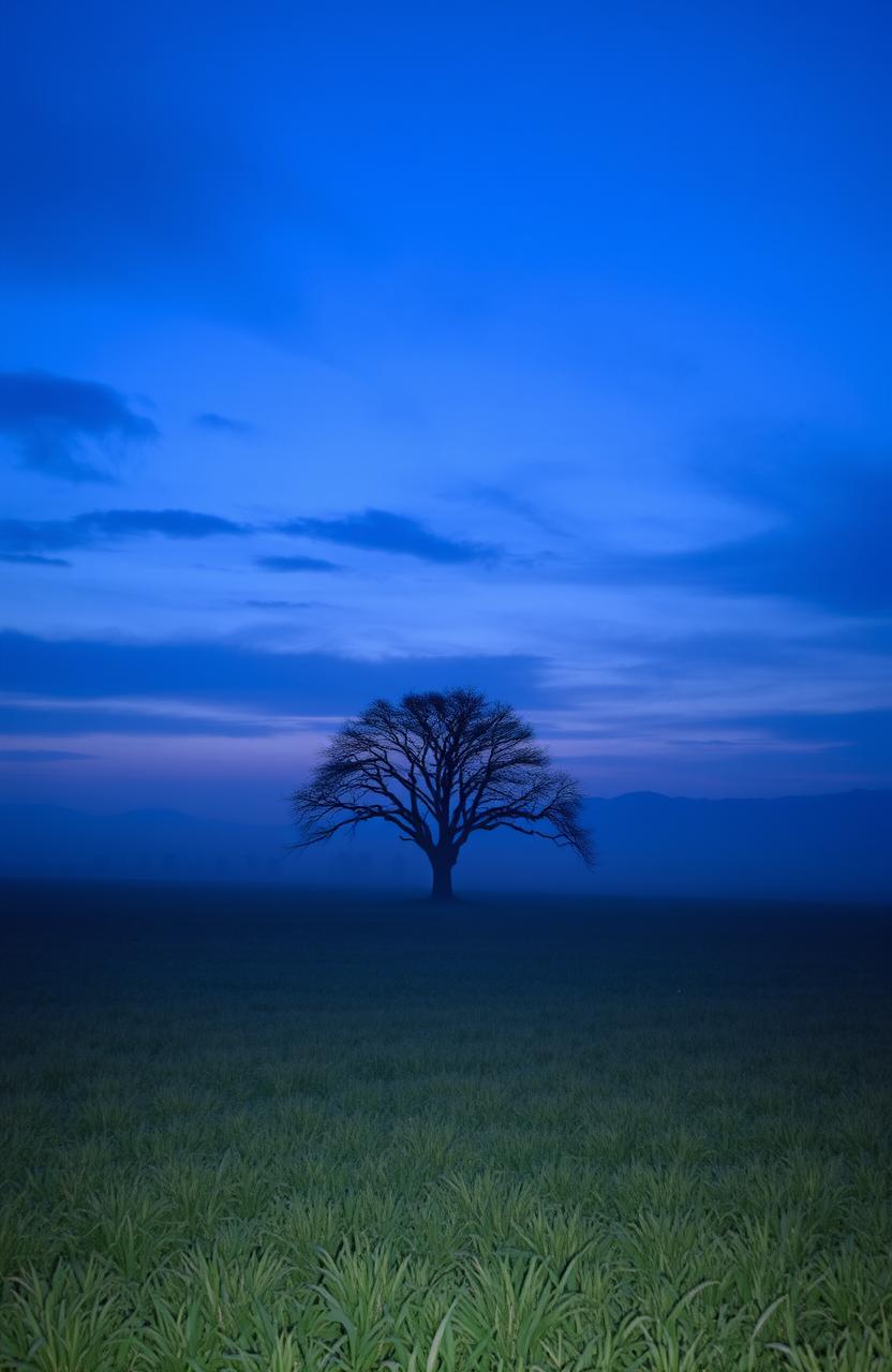 A serene and tranquil landscape depicting a vast, empty field under a twilight sky filled with deep blues and purples, with a faint mist rolling across the ground