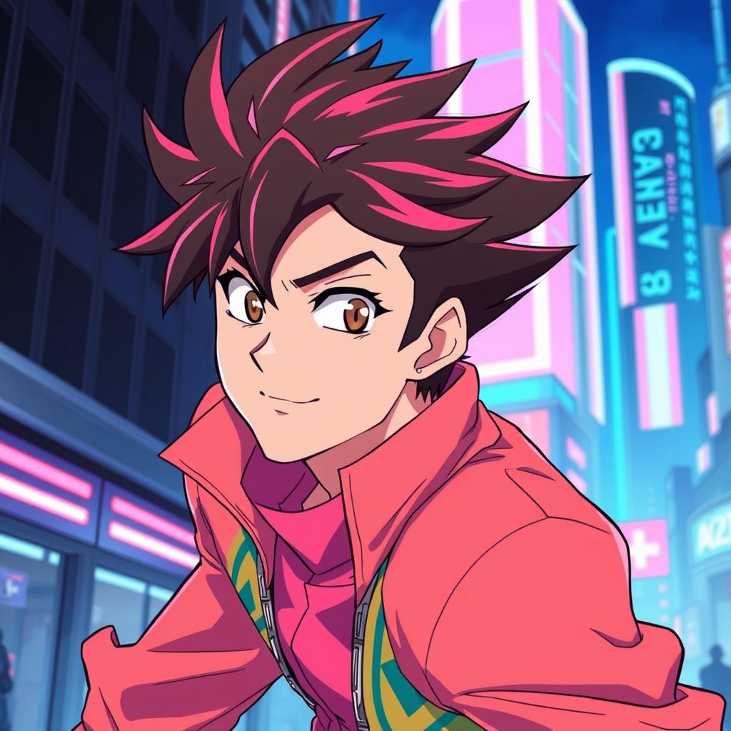 A male anime character with a stylish mullet hairstyle, wearing a vibrant, futuristic outfit