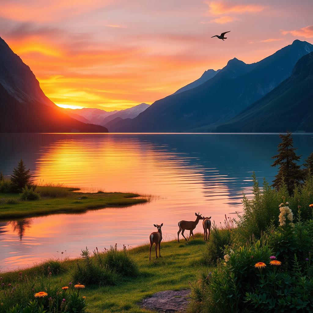 A serene landscape featuring a tranquil lake surrounded by majestic mountains