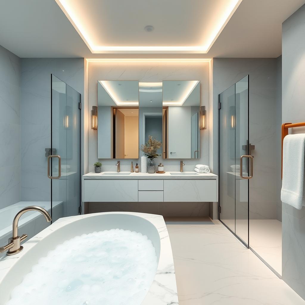 A stylish and modern bathroom with sleek lines, featuring a large freestanding bathtub filled with bubbles, elegant marble countertops, and a contemporary shower with glass doors