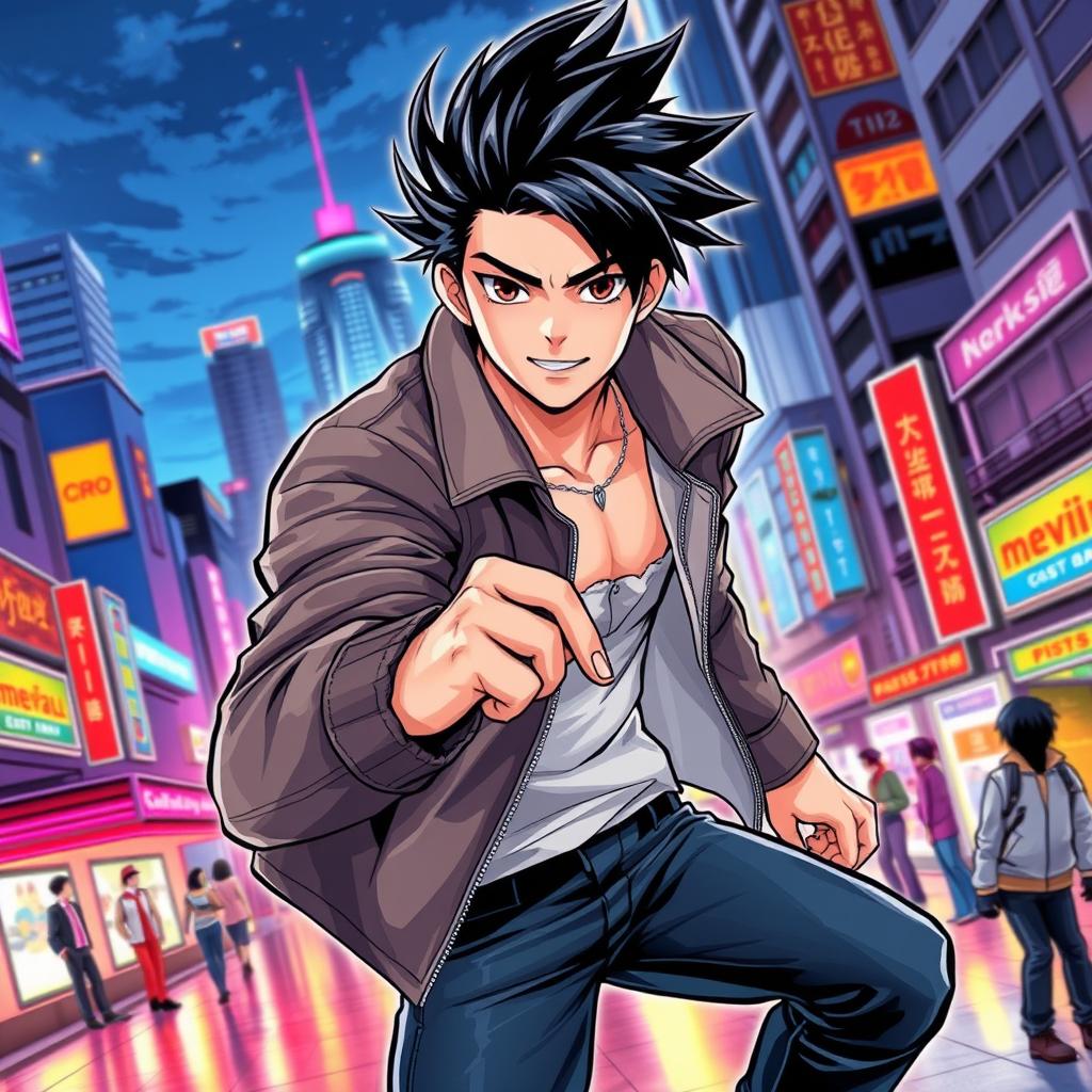 A dynamic and engaging male manhwa character, featuring a handsome young man with striking features, styled spiky black hair, and intense dark eyes