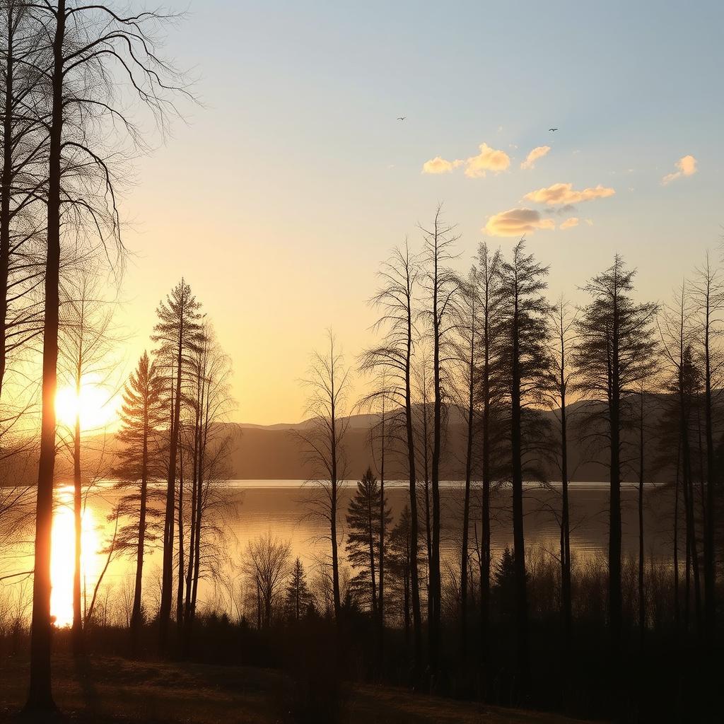 A serene landscape where the sun sets behind distant mountains, casting a golden glow over a tranquil lake