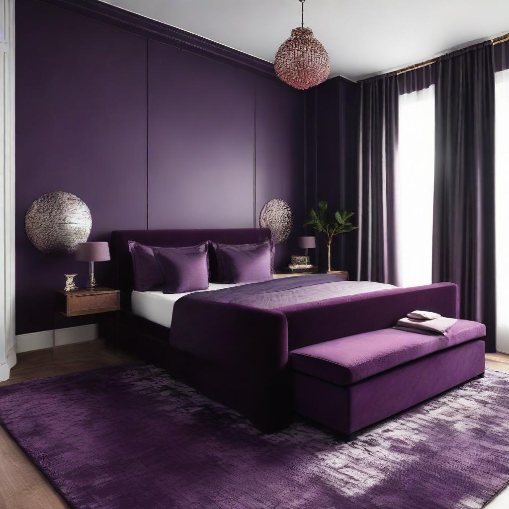 Redesign the above-mentioned 19 x 12 ft bedroom with a tonal change to deep purple. Ensure all elements such as beddings, walls, and furniture sync well with this impactful, rich color.