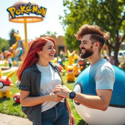 A bearded young man and his vibrant redhead girlfriend enjoying their time in a colorful Pokémon-themed park