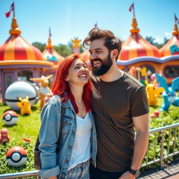 A bearded young man and his vibrant redhead girlfriend enjoying their time in a colorful Pokémon-themed park