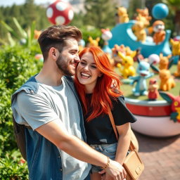 A bearded young man and his vibrant redhead girlfriend enjoying their time in a colorful Pokémon-themed park