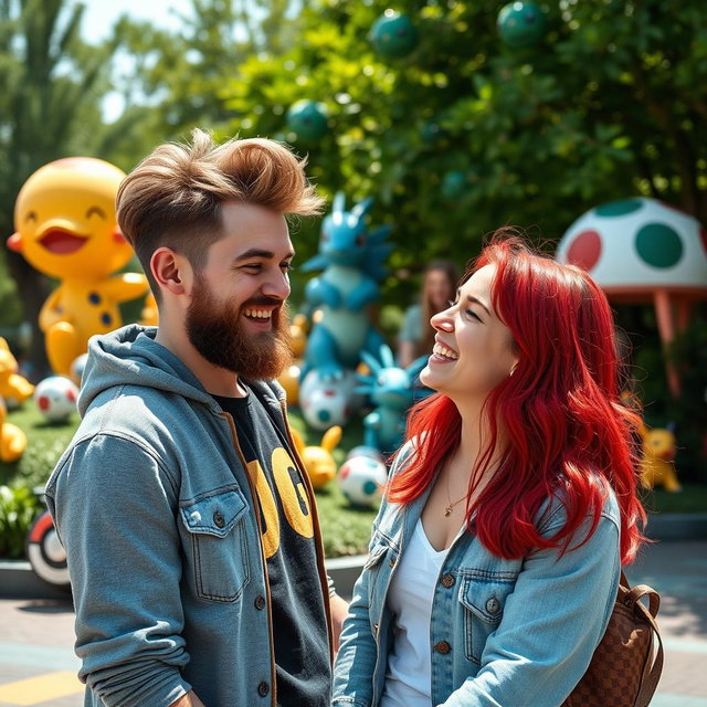 A bearded young man and his vibrant redhead girlfriend enjoying their time in a colorful Pokémon-themed park