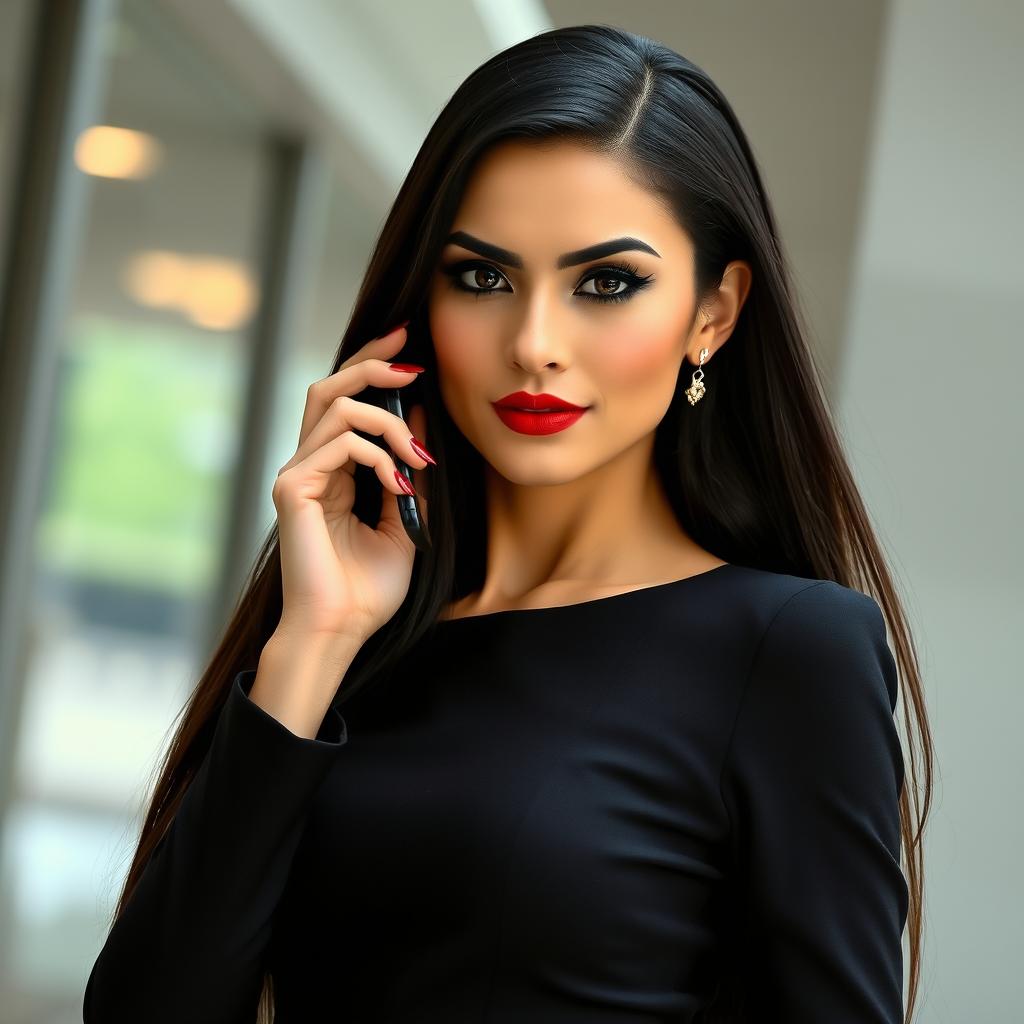A tall, elegant woman with long, sleek black hair cascading down her back, possessing sharp, cat-like eyes that exude confidence and a mysterious aura
