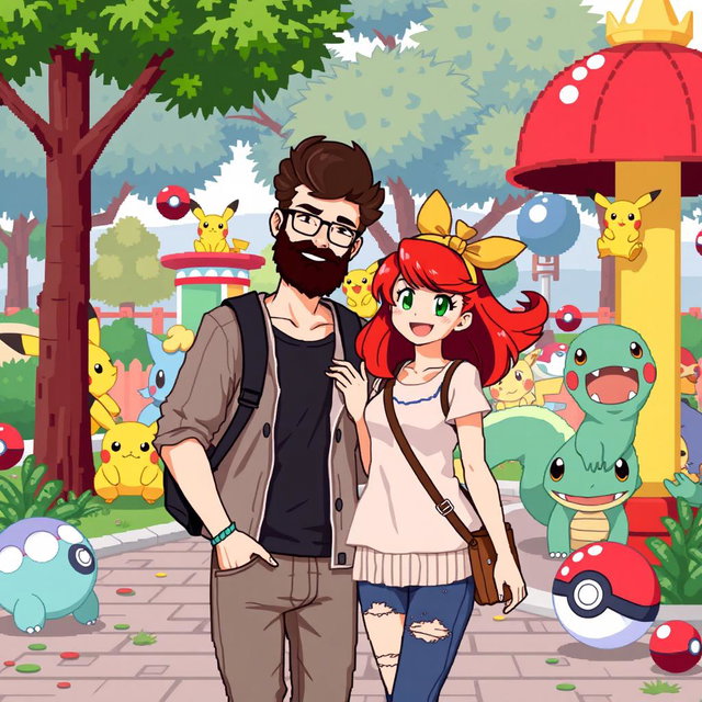 A pixel art scene featuring a bearded young man and his vibrant redhead girlfriend having fun in a Pokémon-themed park