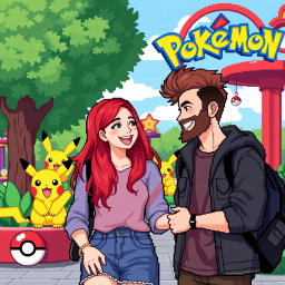 A pixel art scene featuring a bearded young man and his vibrant redhead girlfriend having fun in a Pokémon-themed park