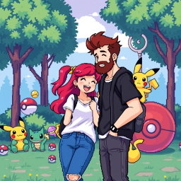 A pixel art scene featuring a bearded young man and his vibrant redhead girlfriend having fun in a Pokémon-themed park