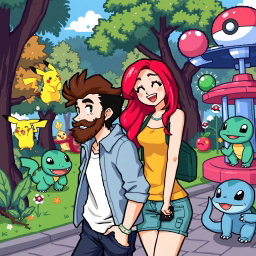 A pixel art scene featuring a bearded young man and his vibrant redhead girlfriend having fun in a Pokémon-themed park