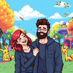 A pixel art scene depicting a bearded young man and his vibrant redhead girlfriend enjoying a day in a Pokémon-themed park