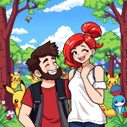 A pixel art scene depicting a bearded young man and his vibrant redhead girlfriend enjoying a day in a Pokémon-themed park