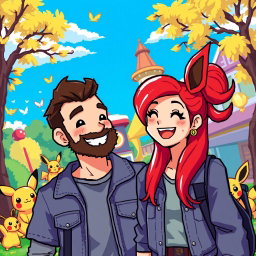 A pixel art scene depicting a bearded young man and his vibrant redhead girlfriend enjoying a day in a Pokémon-themed park