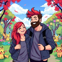 A pixel art scene depicting a bearded young man and his vibrant redhead girlfriend enjoying a day in a Pokémon-themed park
