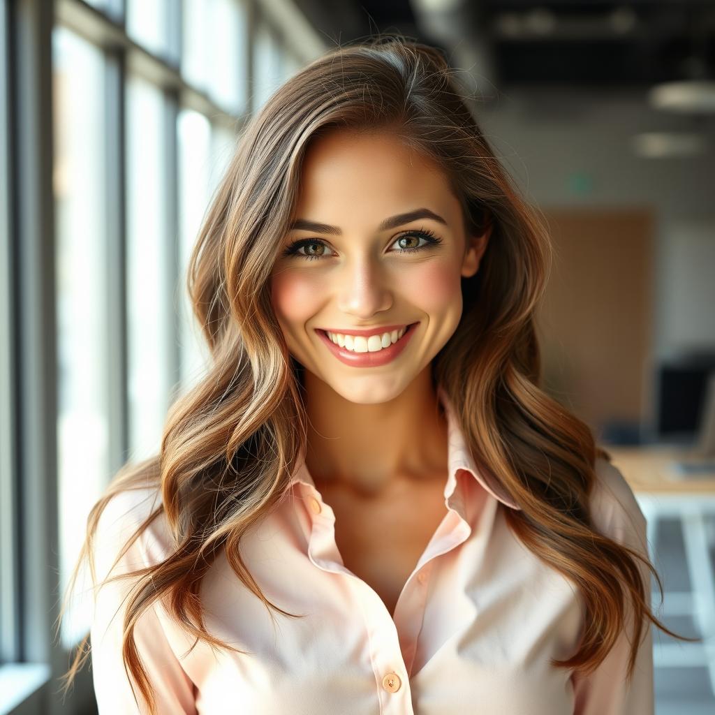 A cheerful young woman with long, wavy brown hair cascading down her shoulders, expressive hazel eyes sparkling with life, and a naturally bright smile that radiates warmth