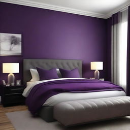 Redesign the above-mentioned 19 x 12 ft bedroom with a tonal change to deep purple. Ensure all elements such as beddings, walls, and furniture sync well with this impactful, rich color.