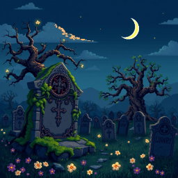A detailed pixel art scene depicting a graveyard at twilight