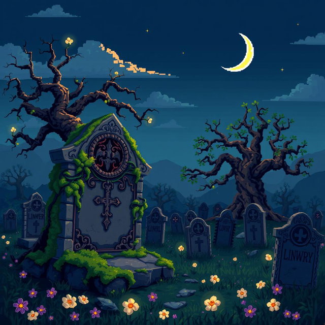A detailed pixel art scene depicting a graveyard at twilight