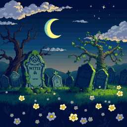 A detailed pixel art scene depicting a graveyard at twilight